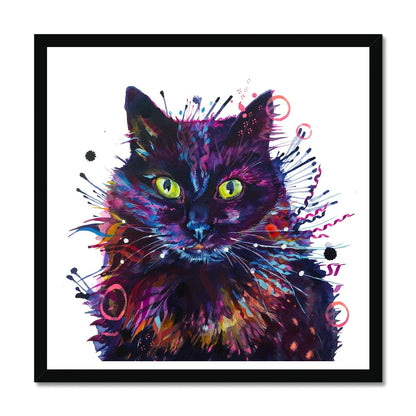 Framed print of Merlin, a colourful black cat painting with glowing green eyes and streaks of pink, violet and blue