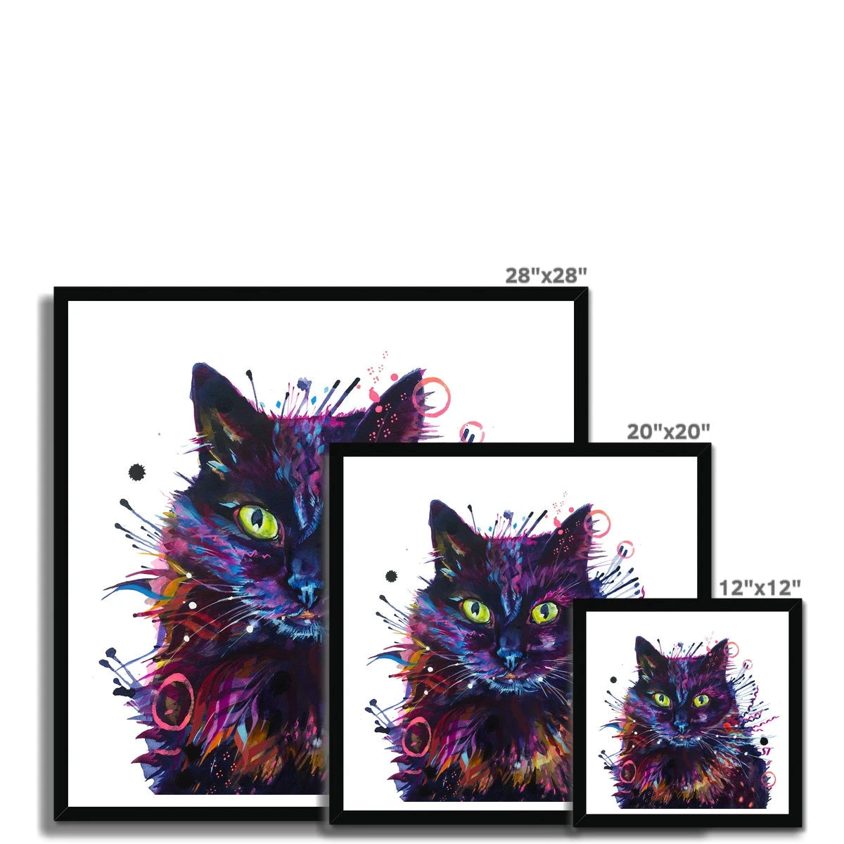 Framed print of Merlin, a colourful black cat painting with glowing green eyes and streaks of pink, violet and blue