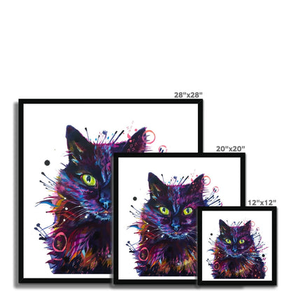 Framed print of Merlin, a colourful black cat painting with glowing green eyes and streaks of pink, violet and blue