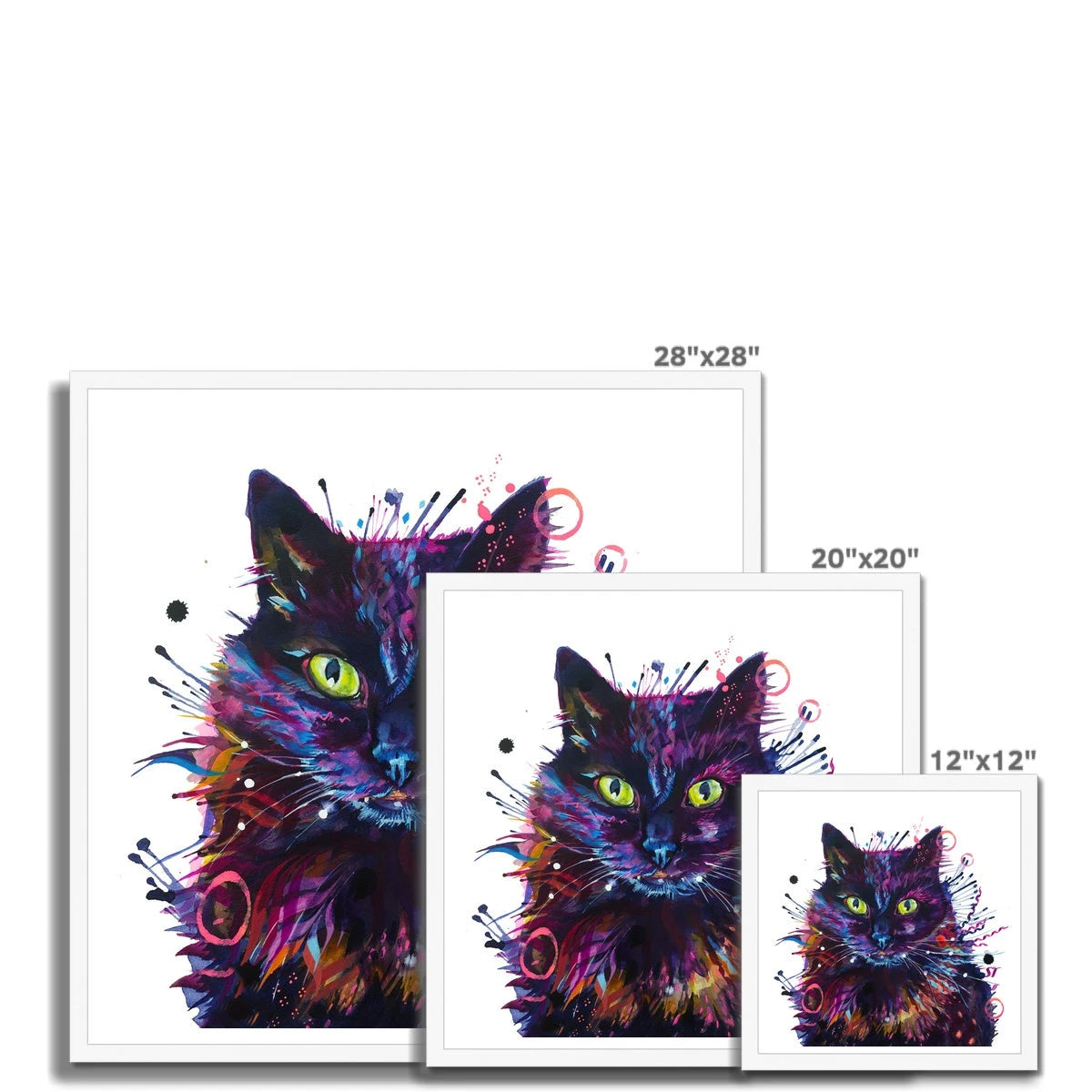 Framed print of Merlin, a colourful black cat painting with glowing green eyes and streaks of pink, violet and blue