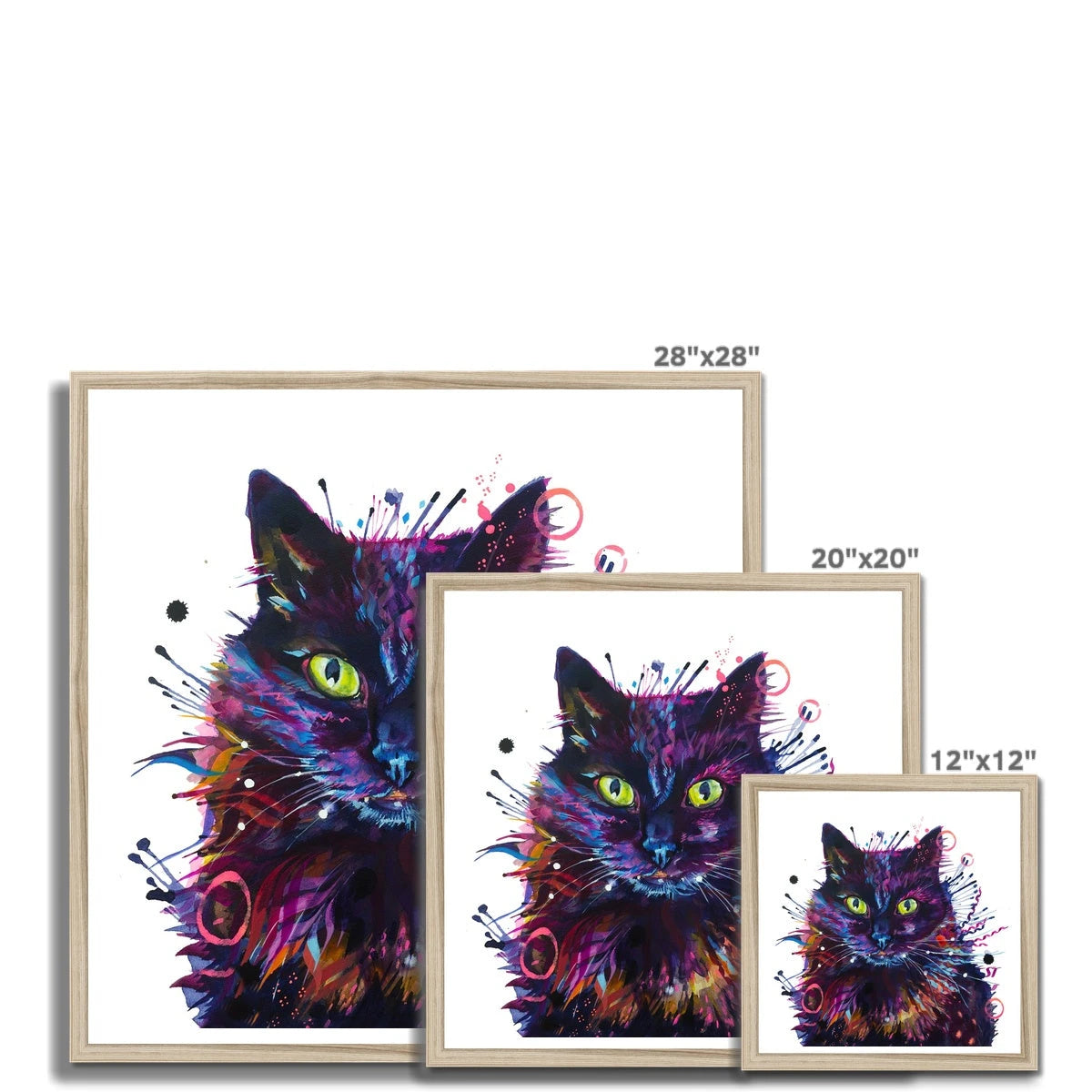 Framed print of Merlin, a colourful black cat painting with glowing green eyes and streaks of pink, violet and blue