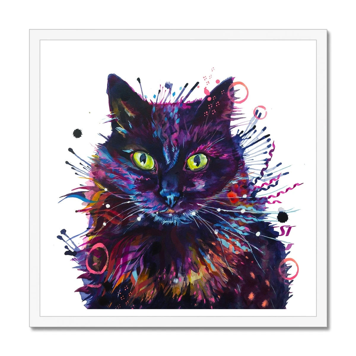Framed print of Merlin, a colourful black cat painting with glowing green eyes and streaks of pink, violet and blue
