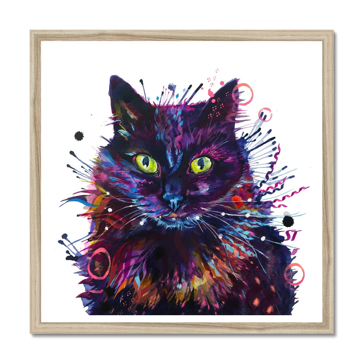 Framed print of Merlin, a colourful black cat painting with glowing green eyes and streaks of pink, violet and blue