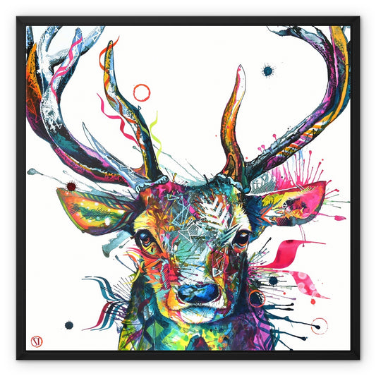 colourful stag painting canvas, framed