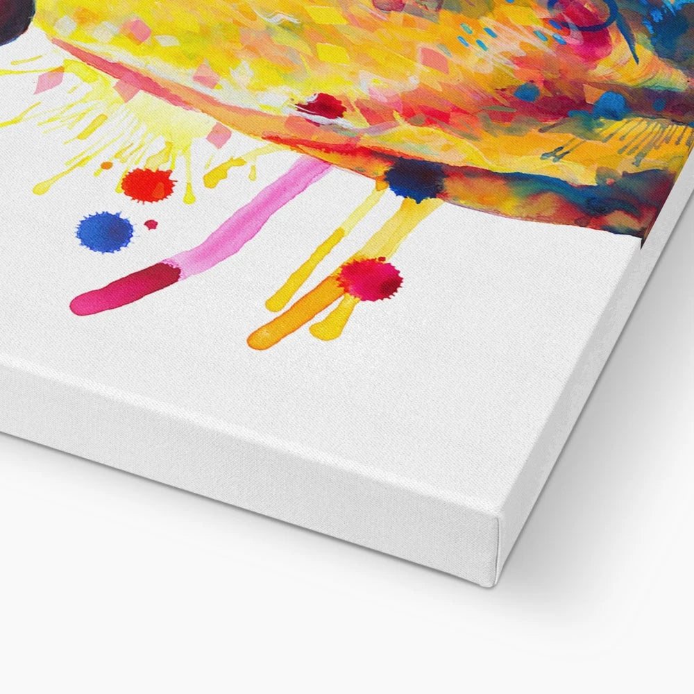 Colourful Rhodesian Ridgeback canvas, Zula, with golden fur, amber eyes and bold splashes of paint by Sarah Taylor Art