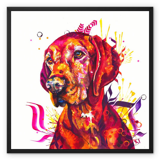 Framed dog canvas painting by sarah taylor. Colourful vizsla