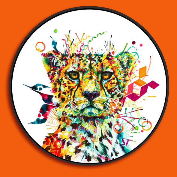  Sarah Taylor's cheetah painting. Circular colourful cheetah with geometric pattern and splashes